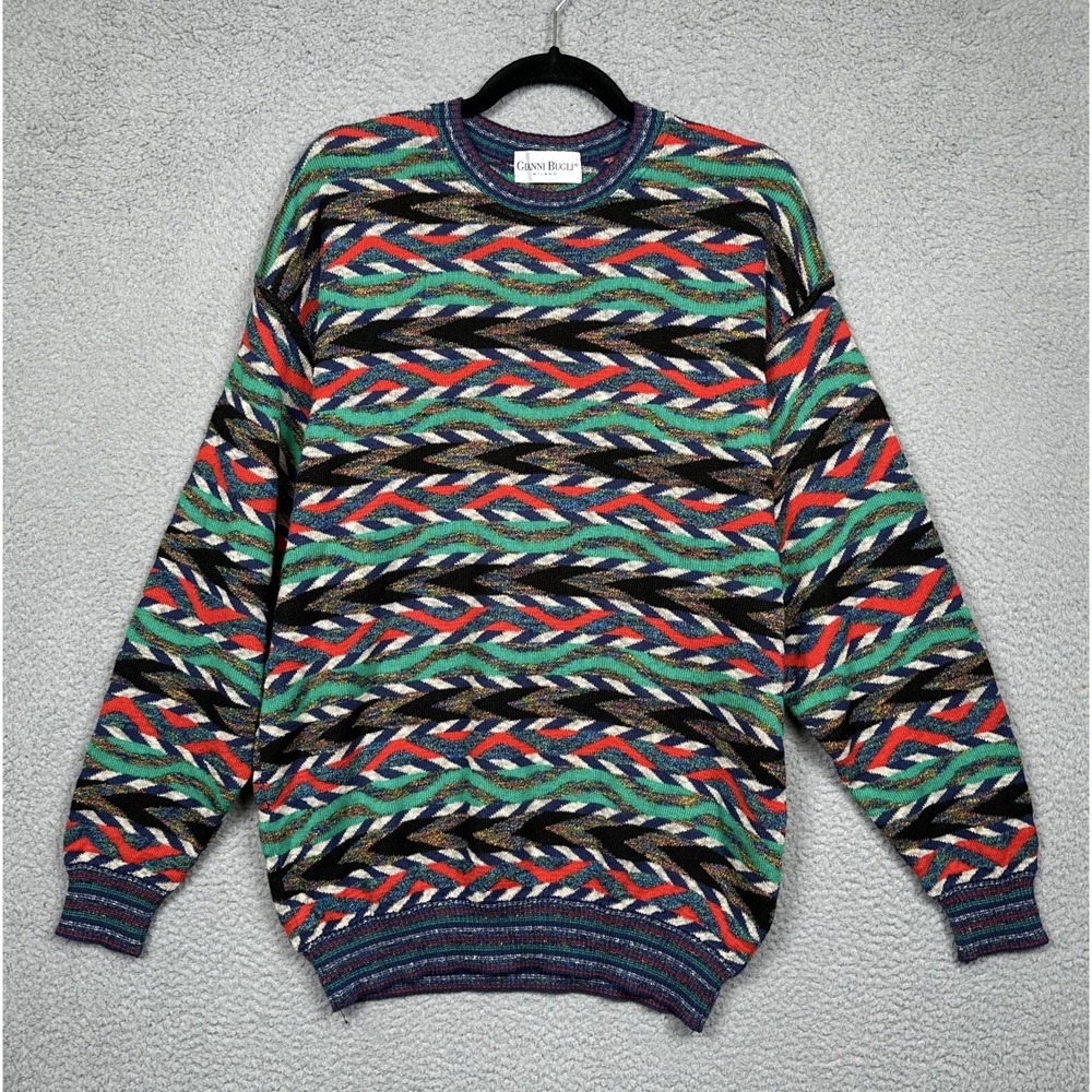 VTG Gianni Bugli Sweater Men L Colorful Bold‎ Grandpa Biggie Cosby 90s Abstract